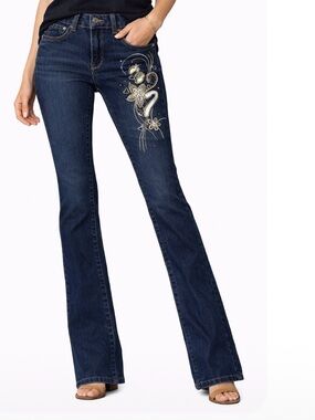 Govanni Jeans in dark wash straight leg SZ 3/4 embroidered thigh with stretch